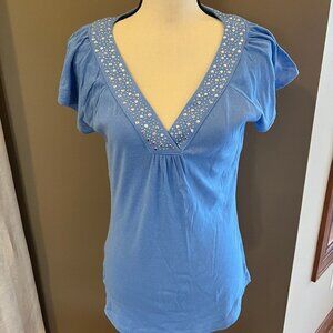 Women's Y2K Express blue Ruffle Cap Sleeve, Embellished V-neck, Size L
